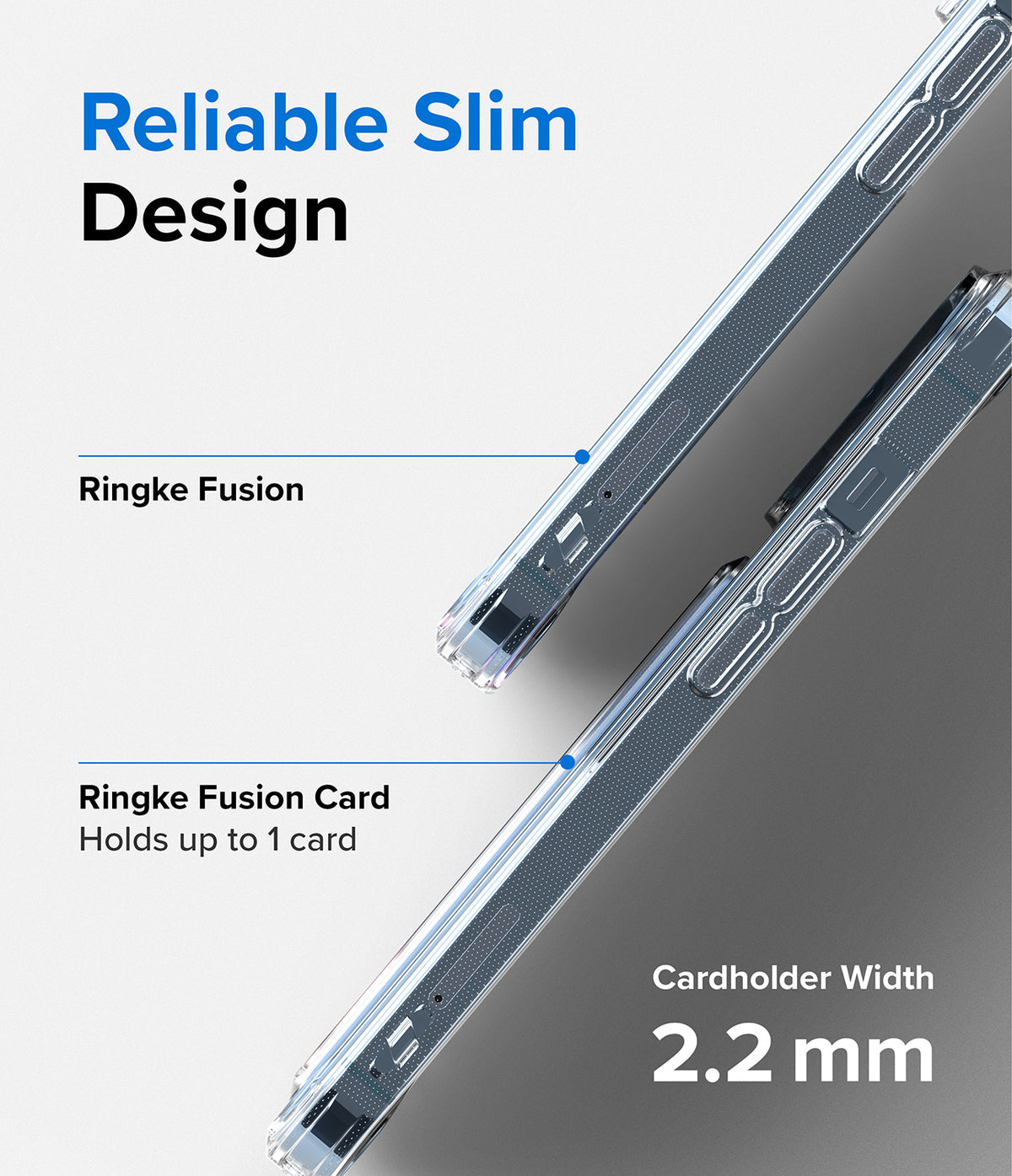 iPhone 13 Pro Case | Fusion Card - Side-by-side comparison of a standard clear case and a 2.2mm slim cardholder case.