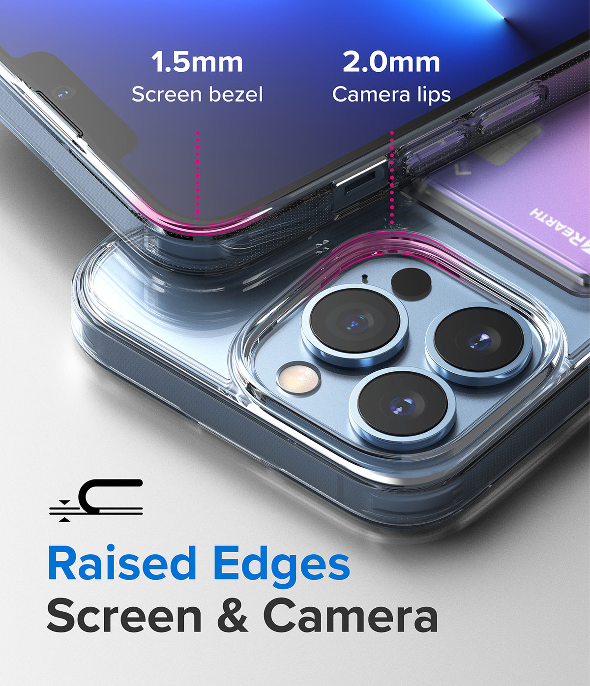 iPhone 13 Pro Case | Fusion Card - Close-up of phone case showing 1.5mm screen bezel and 2.0mm raised camera lips.