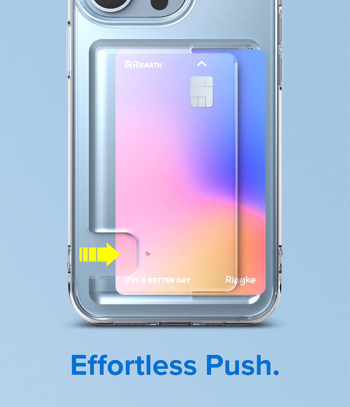 iPhone 13 Pro Case | Fusion Card - Clear phone case holding a gradient card with a yellow arrow indicating a push slot.