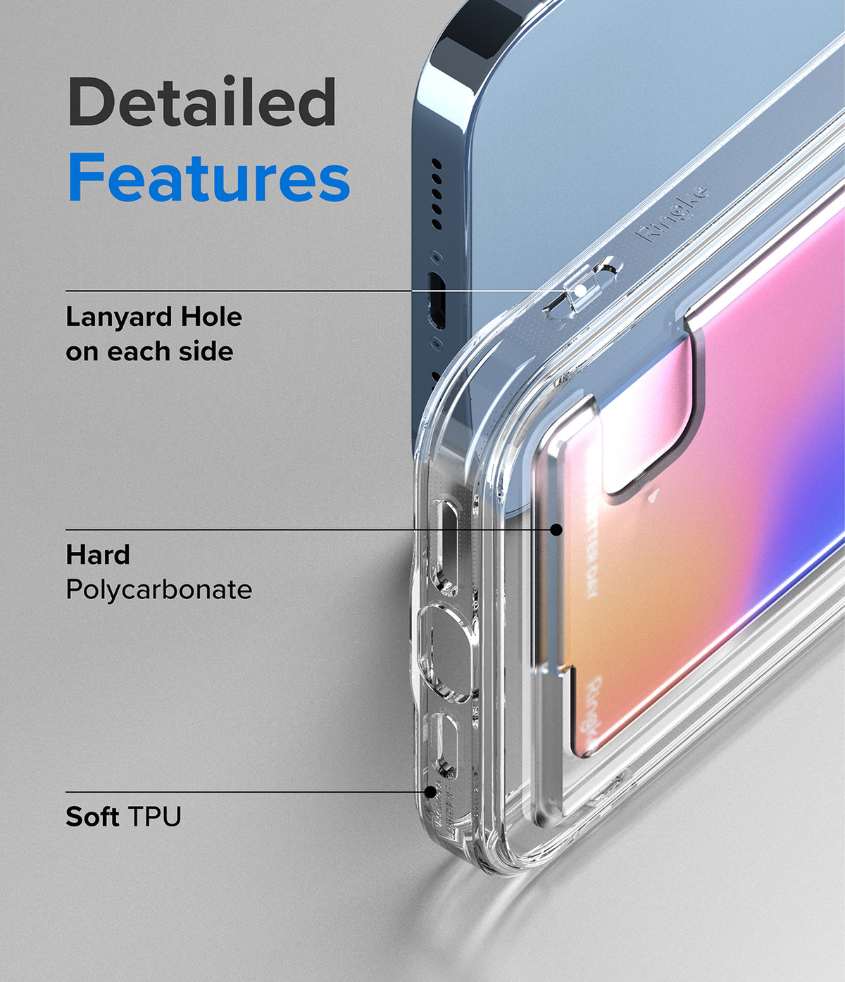 iPhone 13 Pro Case | Fusion Card - Diagram highlighting lanyard holes, hard polycarbonate, and soft TPU case materials.