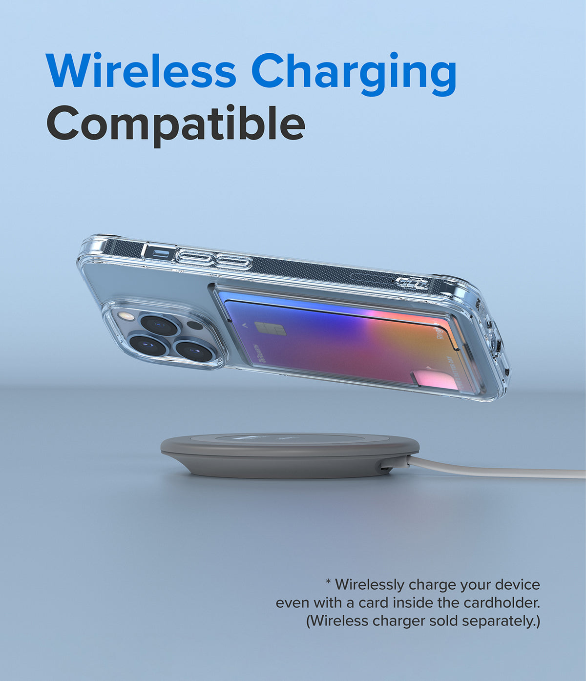 iPhone 13 Pro Case | Fusion Card - Clear phone case with a card holder hovering above a wireless charging pad.