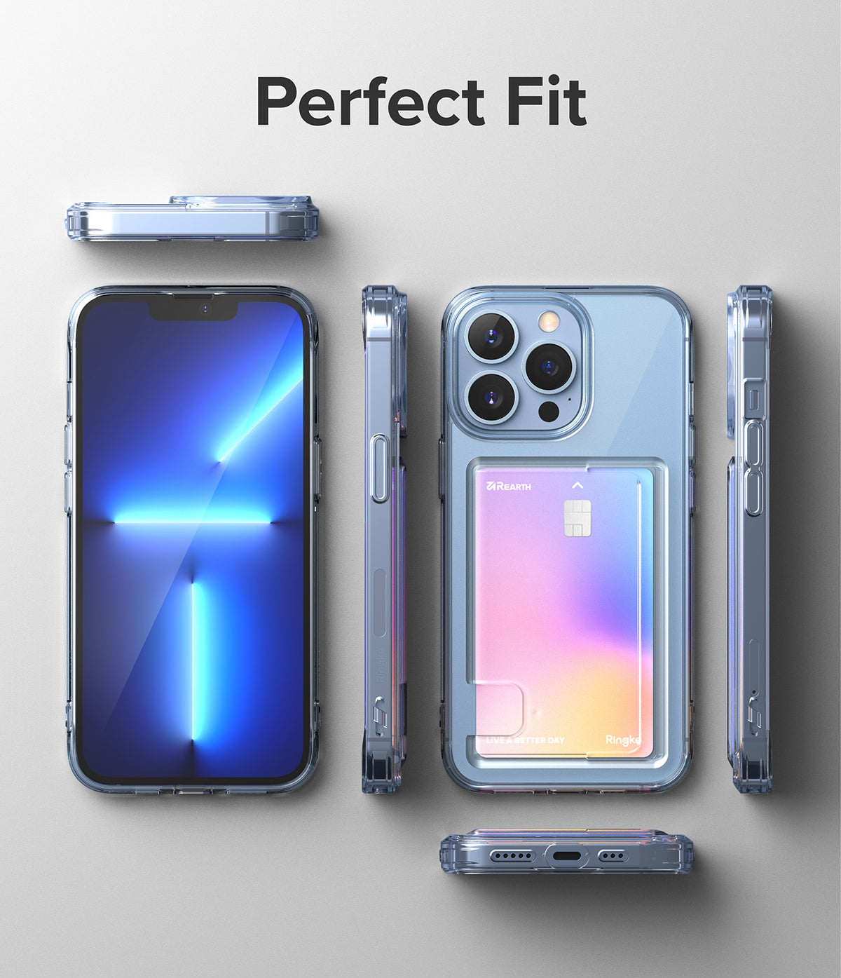 iPhone 13 Pro Case | Fusion Card - Clear phone case with card slot showing front, back, and side views of an iPhone 13 Pro.