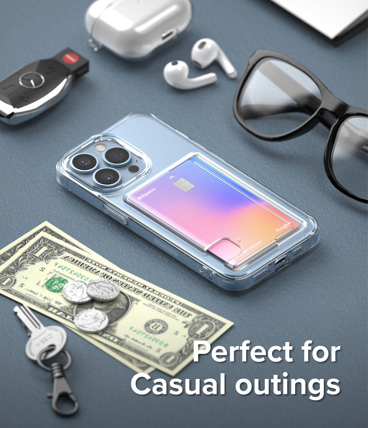 iPhone 13 Pro Case | Fusion Card - Clear phone case with a gradient card slot, surrounded by keys, cash, and accessories.