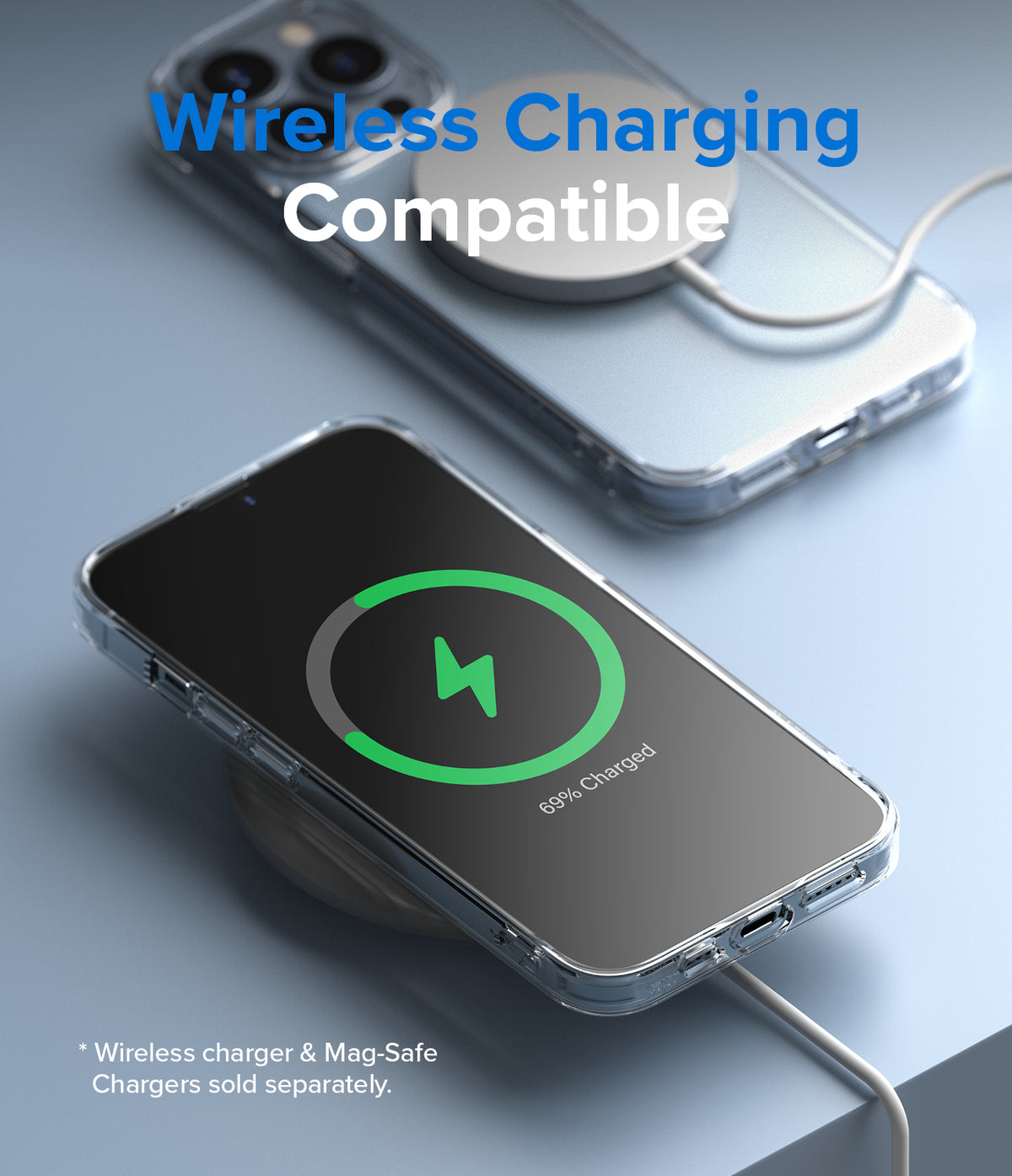 iPhone 13 Pro Case | Fusion Matte - iPhone 13 Pro in a clear case wirelessly charging with a green battery icon on the screen.