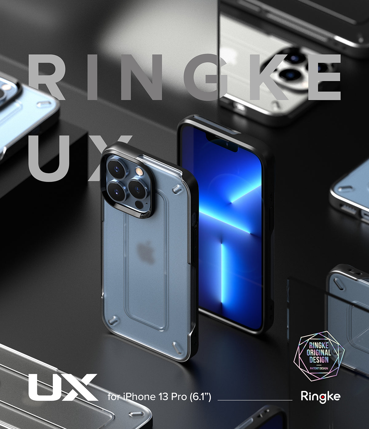 iPhone 13 Pro Case | UX - Matte Clear - Matte clear phone case with black frame shown from multiple angles on dark surface.