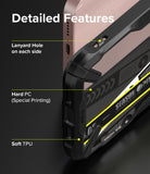 iPhone 13 Mini Case | Fusion-X Design - Ticket Band - Close-up of phone case features including lanyard holes, hard PC, and soft TPU.