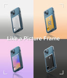 iPhone 13 Case | Fusion Card - Four iPhone 13 cases with card slots in silver, yellow, gradient, and black against colorful backgrounds.