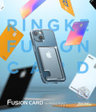 iPhone 13 Case | Fusion Card - Clear phone case with a built-in card slot floating amidst colorful credit cards on blue.