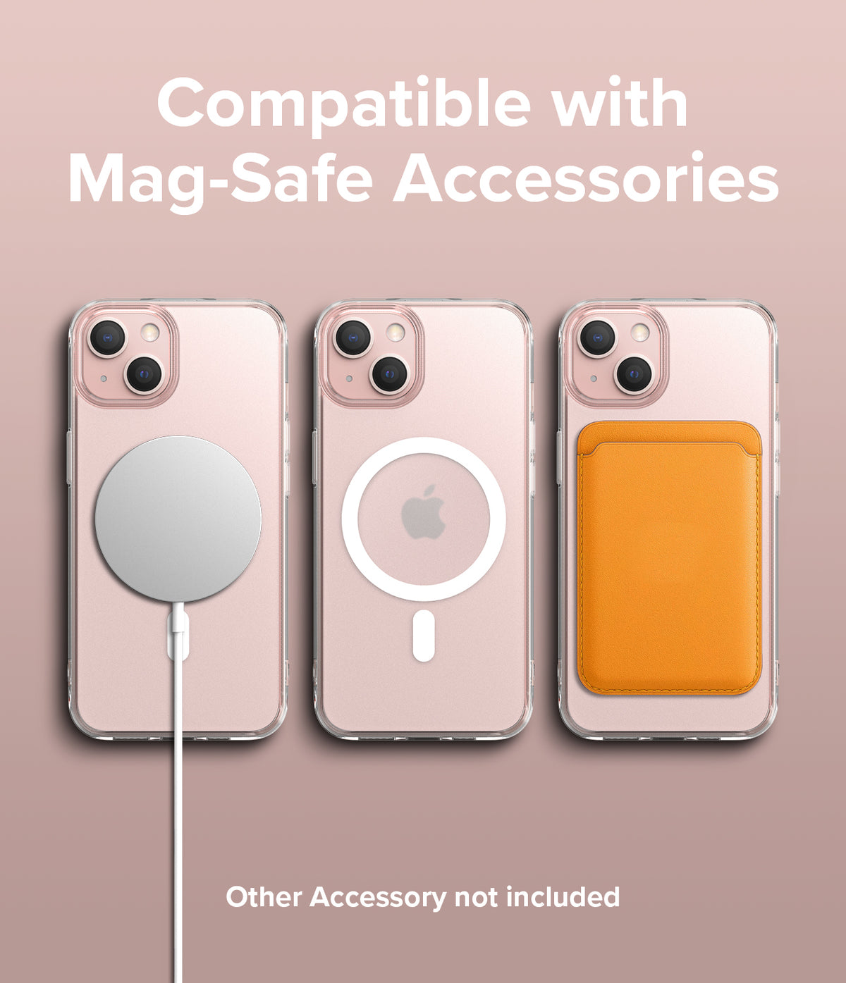 iPhone 13 Mini Case | Fusion Magnetic - Three iPhone 13 Mini phones in clear cases with a charger, magnetic ring, and wallet.