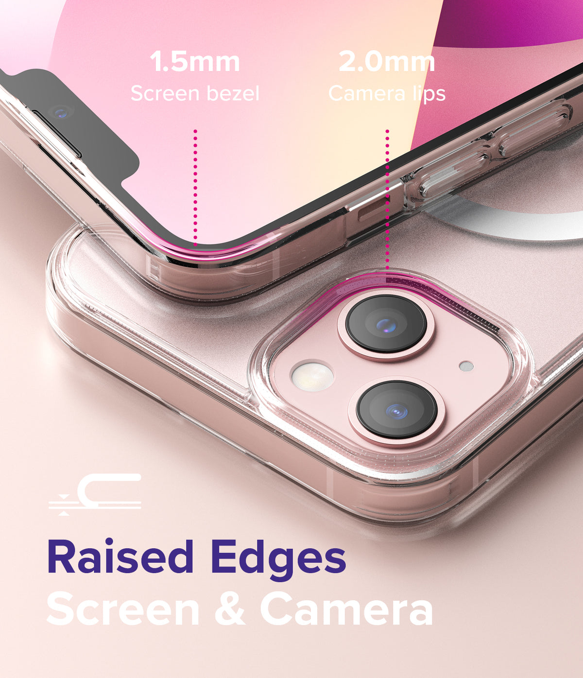 iPhone 13 Mini Case | Fusion Magnetic - Close-up showing 1.5mm screen bezel and 2.0mm camera lips on a pink phone case.