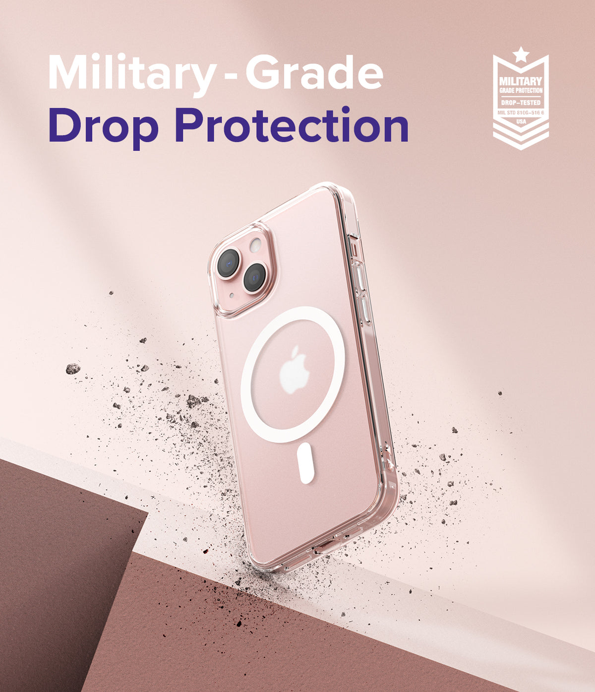 iPhone 13 Mini Case | Fusion Magnetic - Clear phone case with MagSafe ring, floating above debris with military-grade text.