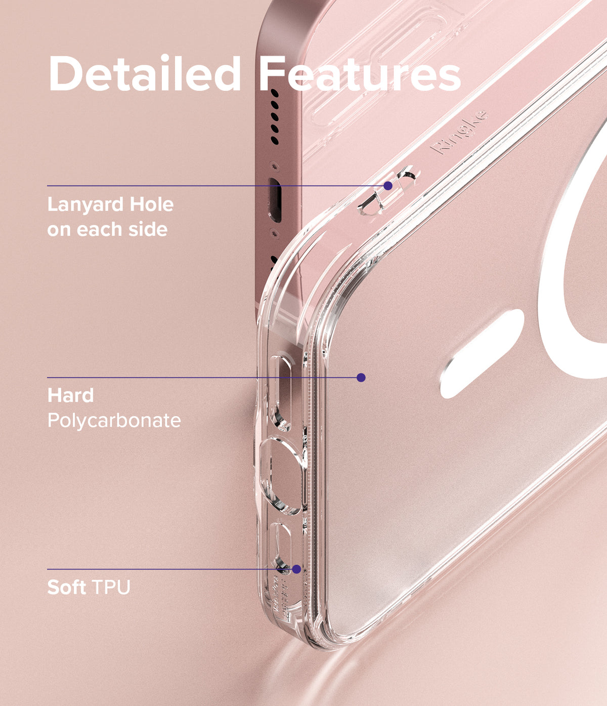 iPhone 13 Mini Case | Fusion Magnetic - Close-up of a clear phone case highlighting lanyard holes, polycarbonate, and TPU.