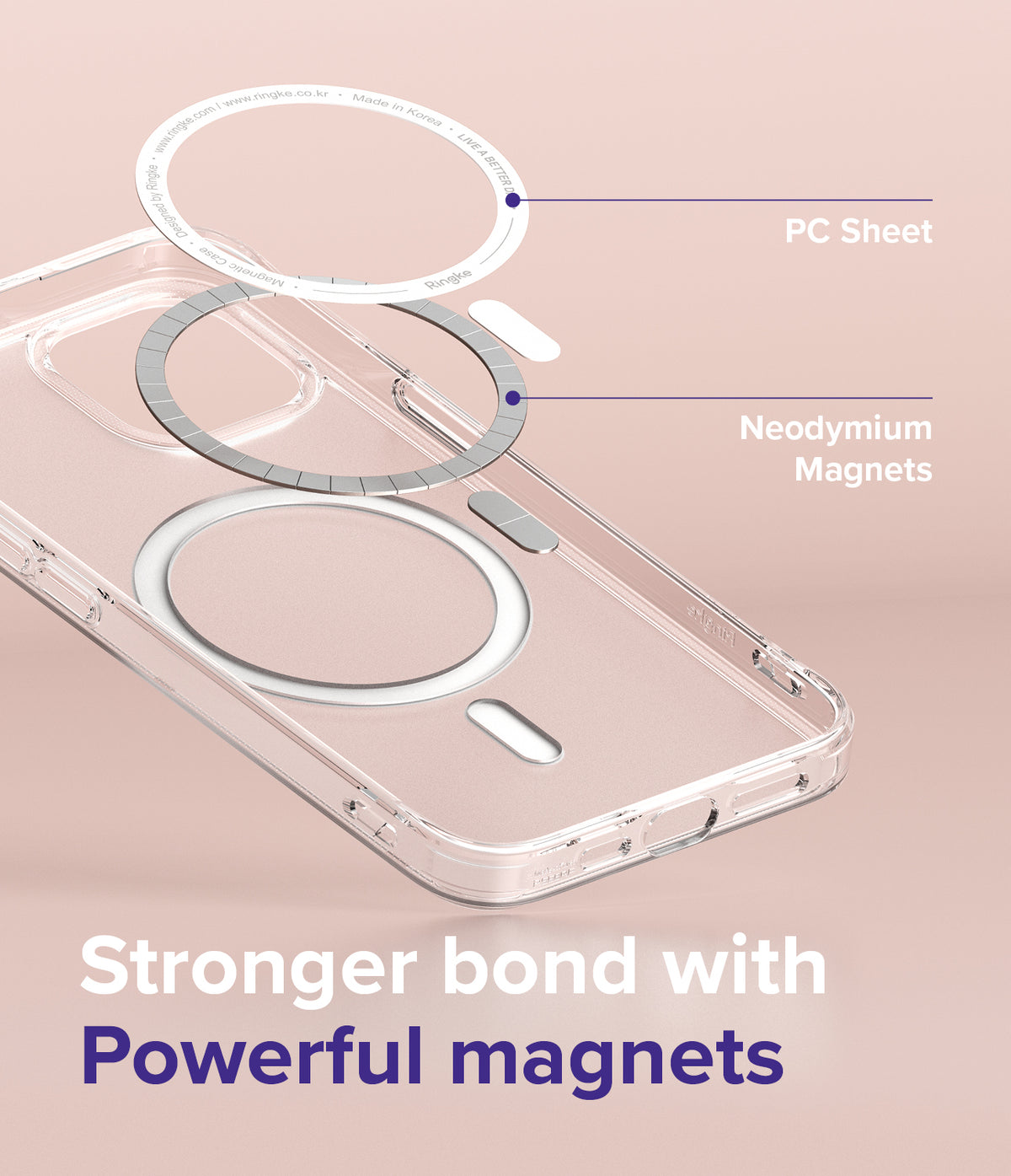 iPhone 13 Mini Case | Fusion Magnetic - Exploded view of a clear phone case showing magnetic ring and PC sheet layers.