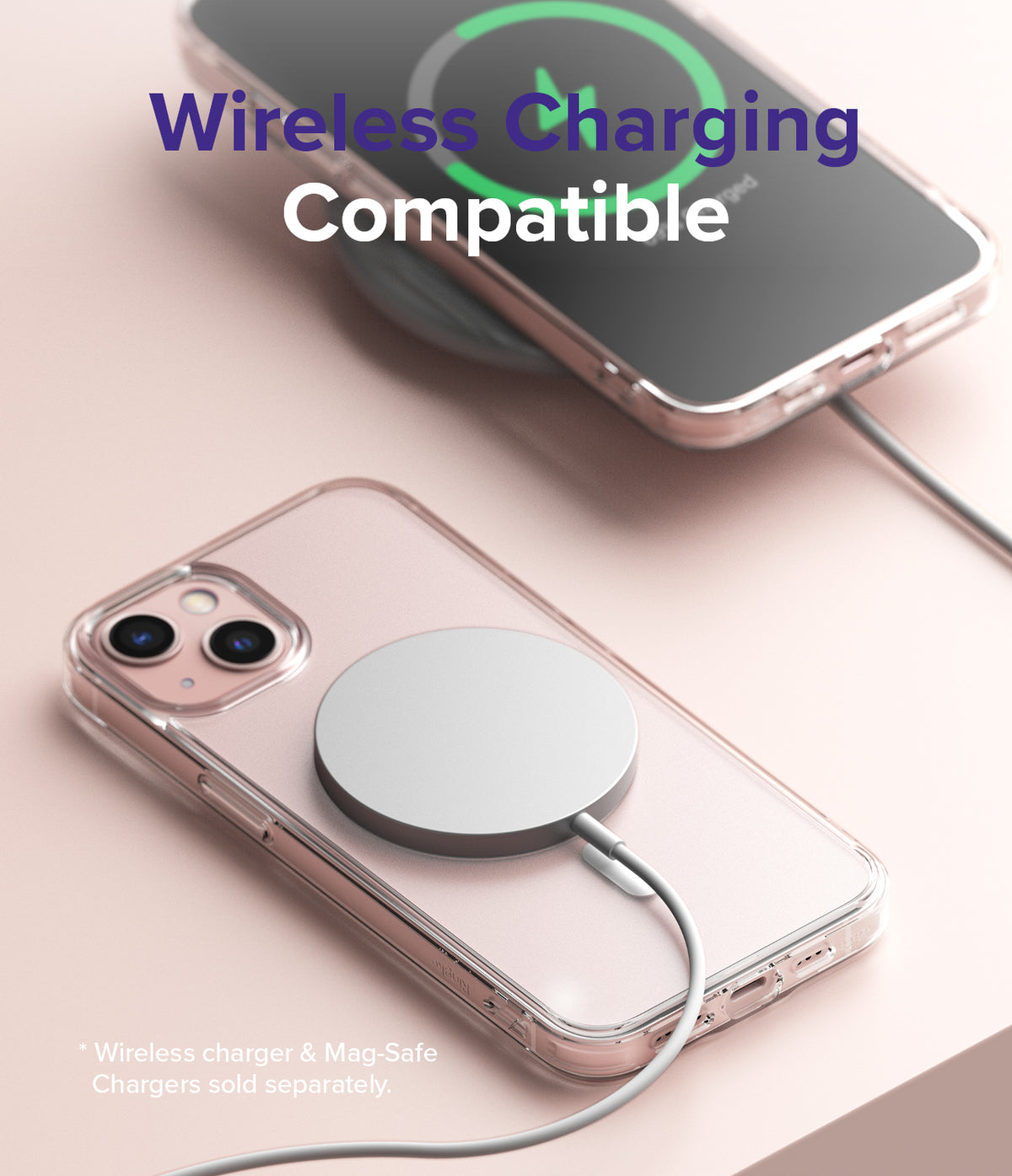 iPhone 13 Mini Case | Fusion Magnetic - iPhone 13 Mini in a clear case with a magnetic charger attached on a pink surface.