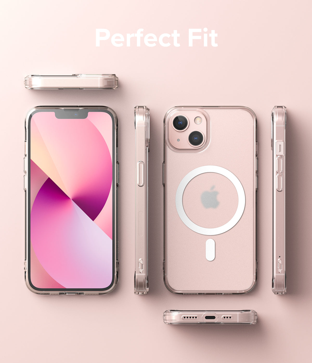 iPhone 13 Mini Case | Fusion Magnetic - Clear magnetic phone case shown from multiple angles on a pink background.