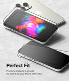 iPhone 14 Pro Max Screen Protector | Full Cover Glass - iPhone 14 Pro Max Screen Protector - Two silver iPhones with black glass screen protectors hovering above their displays.