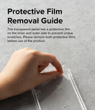 iPhone 14 Pro Max Case | Fusion Plus - Hand peeling protective film off a clear phone case with instructional text.