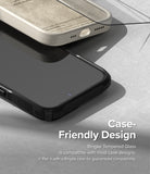 iPhone 14 Pro Screen Protector | Full Cover Glass - iPhone 14 Pro Screen Protector - A black screen protector being applied to a smartphone next to a beige phone case.