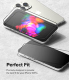 iPhone 14 Pro Screen Protector | Full Cover Glass - iPhone 14 Pro Screen Protector - Two silver iPhones with glass screen protectors hovering above their displays.