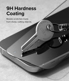 iPhone 14 Pro Screen Protector | Full Cover Glass - iPhone 14 Pro Screen Protector - A metal key pressing against a screen protector on a smartphone to show scratch resistance.