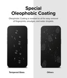 iPhone 14 Pro Screen Protector | Full Cover Glass - iPhone 14 Pro Screen Protector - Comparison showing water beading on tempered glass versus smudges on standard glass.
