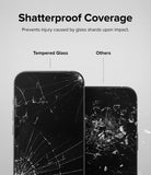 iPhone 14 Pro Screen Protector | Full Cover Glass - iPhone 14 Pro Screen Protector - Comparison showing tempered glass holding together versus shattered glass shards on others.