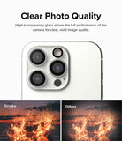 iPhone 14 Pro Max / 14 Pro | Camera Protector Glass [3 Pack] - Close-up of iPhone camera lenses with a comparison of clear vs. dim photo quality.