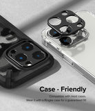 iPhone 14 Pro Max / 14 Pro | Camera Styling - Black camera lens protector being applied to an iPhone with a clear case.