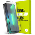 iPhone 14 / 13 Pro / 13 Screen Protector | Full Cover Glass - Tempered glass screen protector hovering over an iPhone beside a bright yellow Ringke product box.