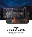 iPhone 14 / 13 Pro / 13 Screen Protector | Full Cover Glass - iPhone 14 / 13 Pro / 13 Screen Protector - Transparent glass protector hovering over a smartphone displaying a city skyline.