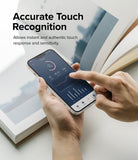 iPhone 14 / 13 Pro / 13 Screen Protector | Full Cover Glass - iPhone 14 / 13 Pro / 13 Screen Protector - Hand touching a smartphone screen displaying a fitness app interface.