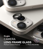 iPhone 14 Plus / 14 | Camera Lens Frame Glass - Black protective rings being applied to the dual camera lenses of a white iPhone.