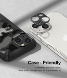 iPhone 14 Plus / 14 | Camera Styling - Black camera lens cover hovering above an iPhone 14 next to a cased phone.