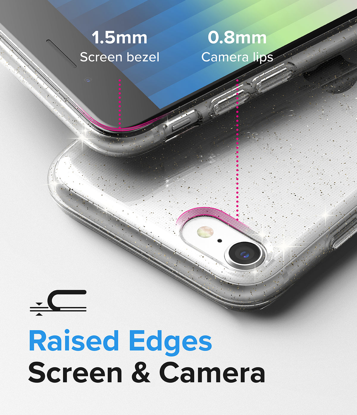 iPhone SE 2022 5G / SE 2020 / 8 / 7 Case | Air - Glitter Clear - Clear glitter phone case showing raised screen and camera bezels.