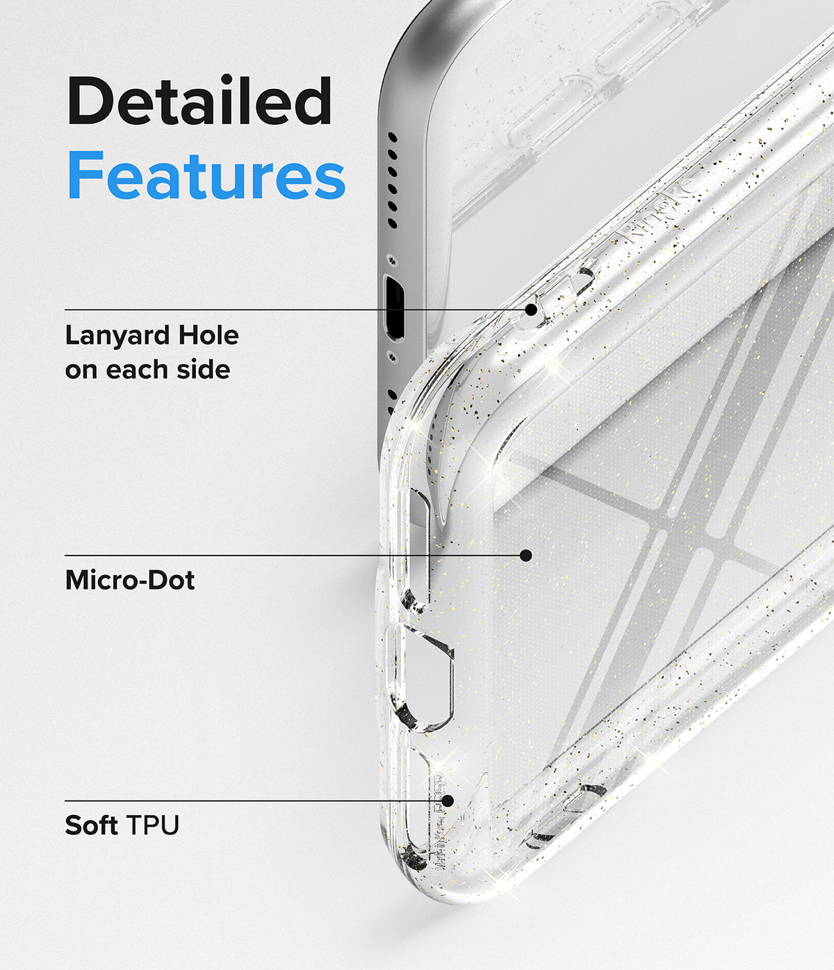 iPhone SE 2022 5G / SE 2020 / 8 / 7 Case | Air - Glitter Clear - Close-up of clear glitter phone case highlighting lanyard holes, micro-dot pattern, and soft TPU material.