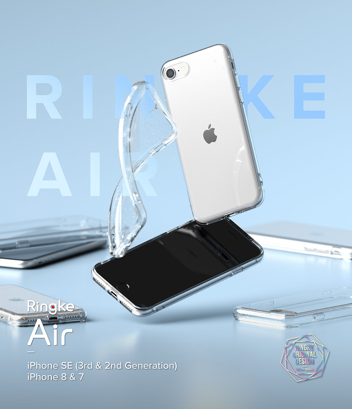 iPhone SE 2022 5G / SE 2020 / 8 / 7 Case | Air - Glitter Clear - Clear glitter phone case floating around an iPhone.