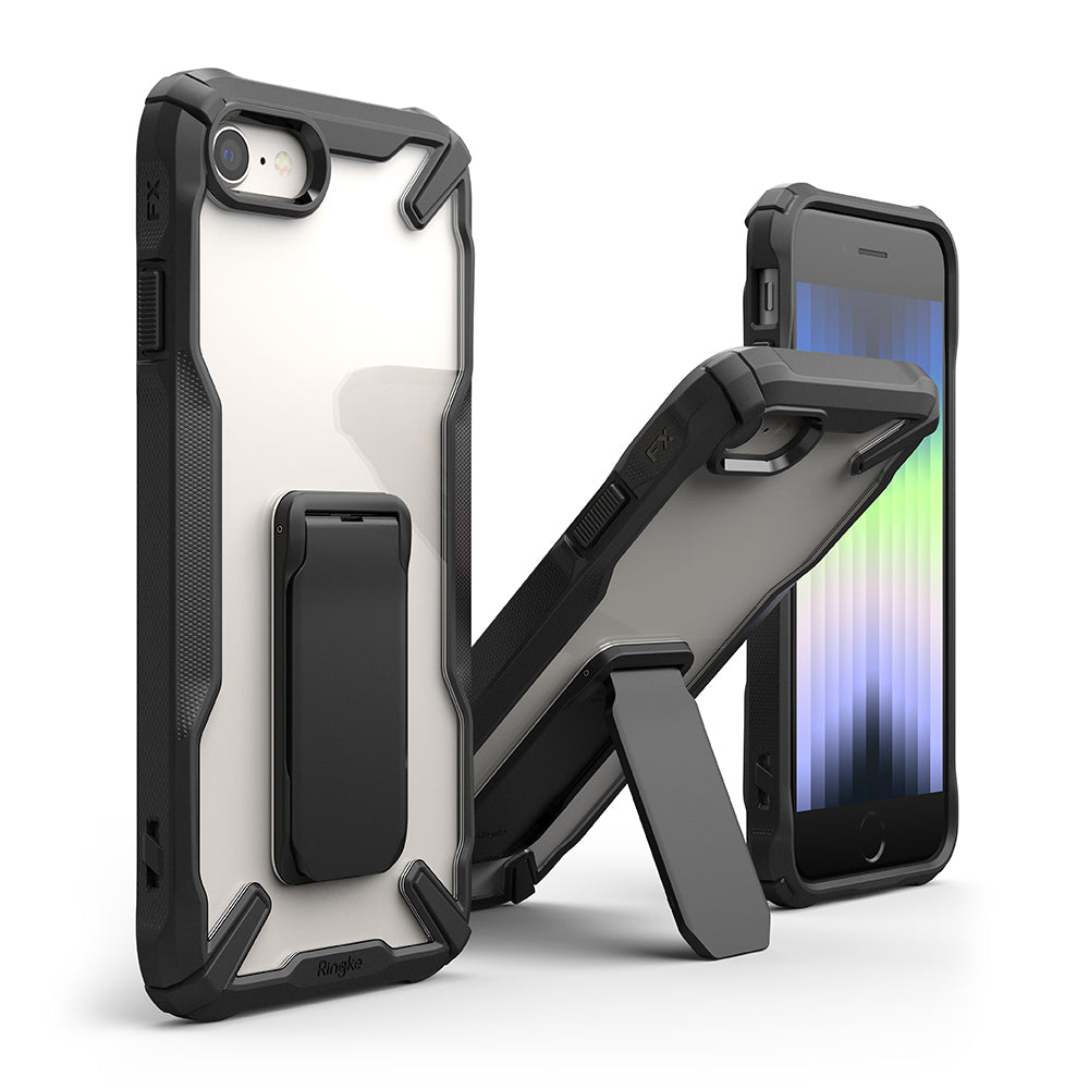 iPhone SE 2022 5G / SE 2020 / 8 / 7 Case | Fusion-X Stand - Clear protective phone case with black frame and kickstand.