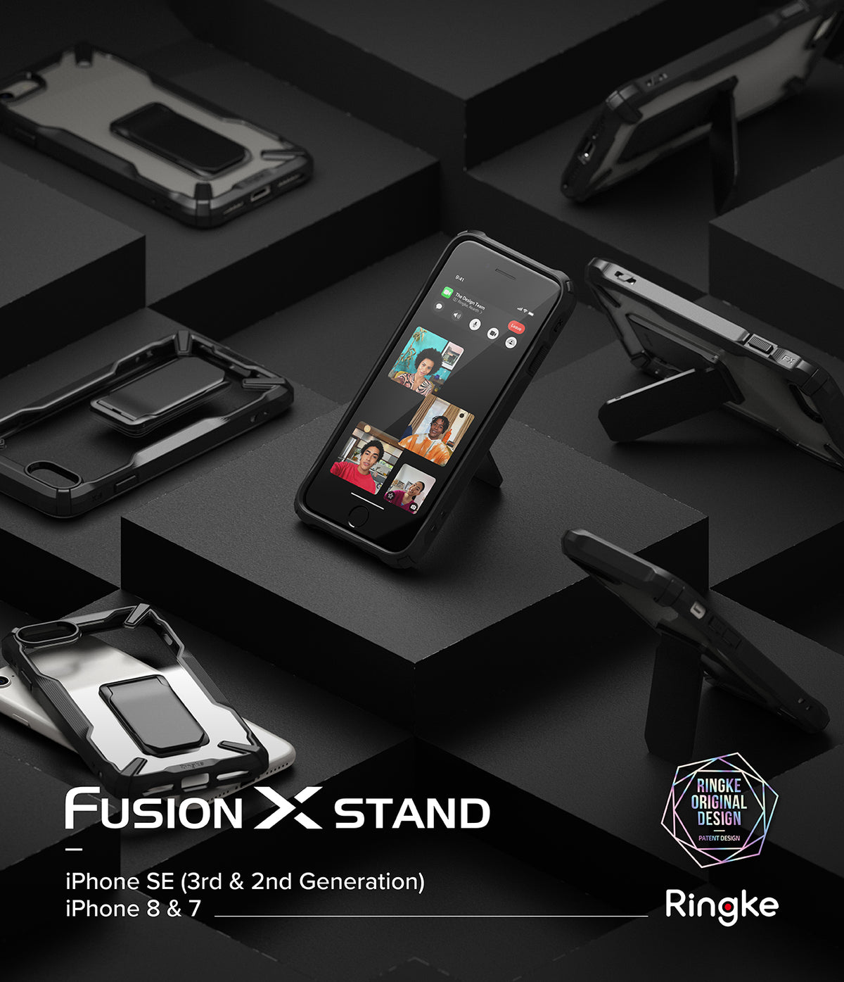 iPhone SE 2022 5G / SE 2020 / 8 / 7 Case | Fusion-X Stand - Multiple Fusion-X phone cases with built-in stands on black blocks.