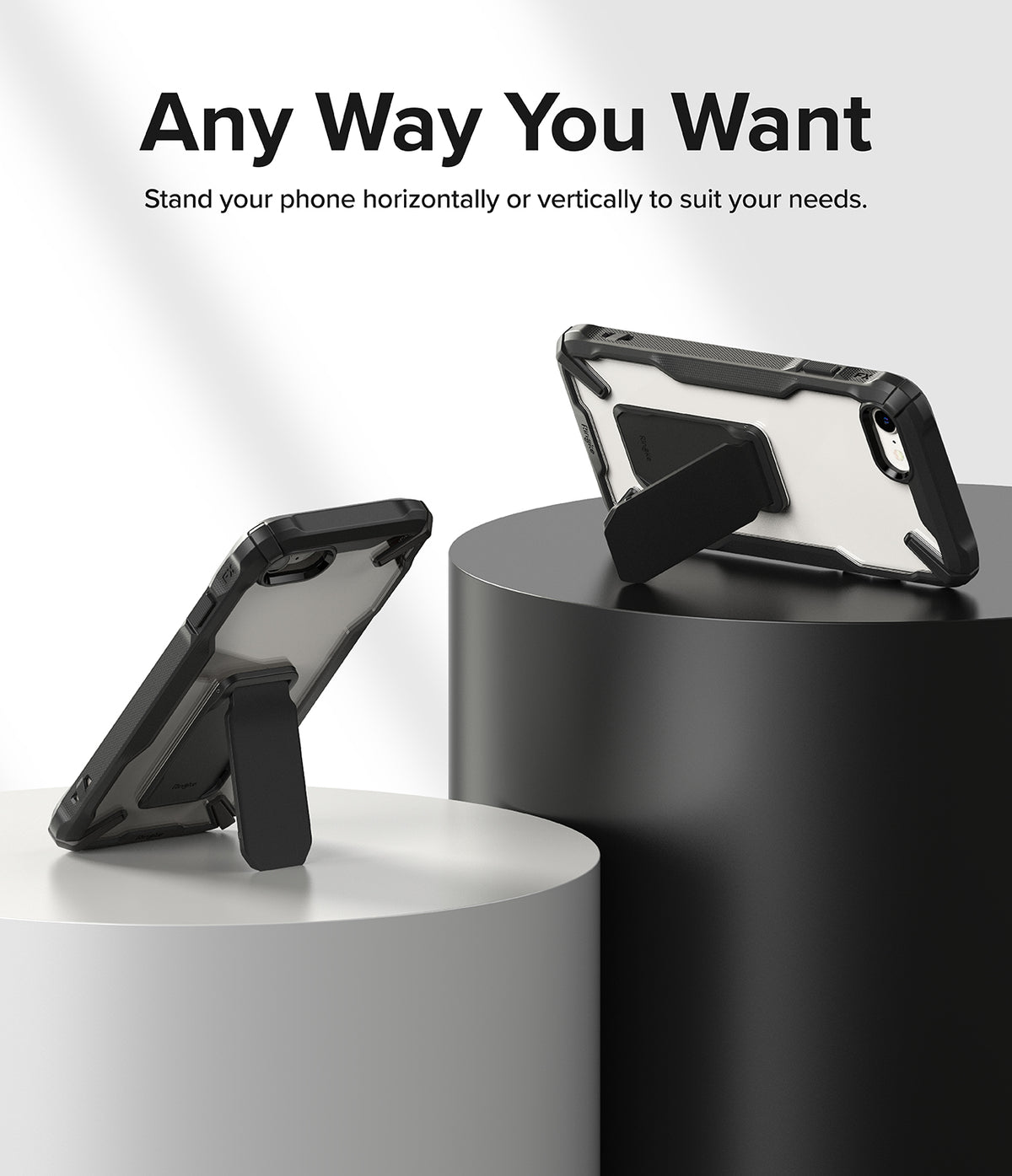 iPhone SE 2022 5G / SE 2020 / 8 / 7 Case | Fusion-X Stand - Two phones in protective cases with kickstands on pedestals.