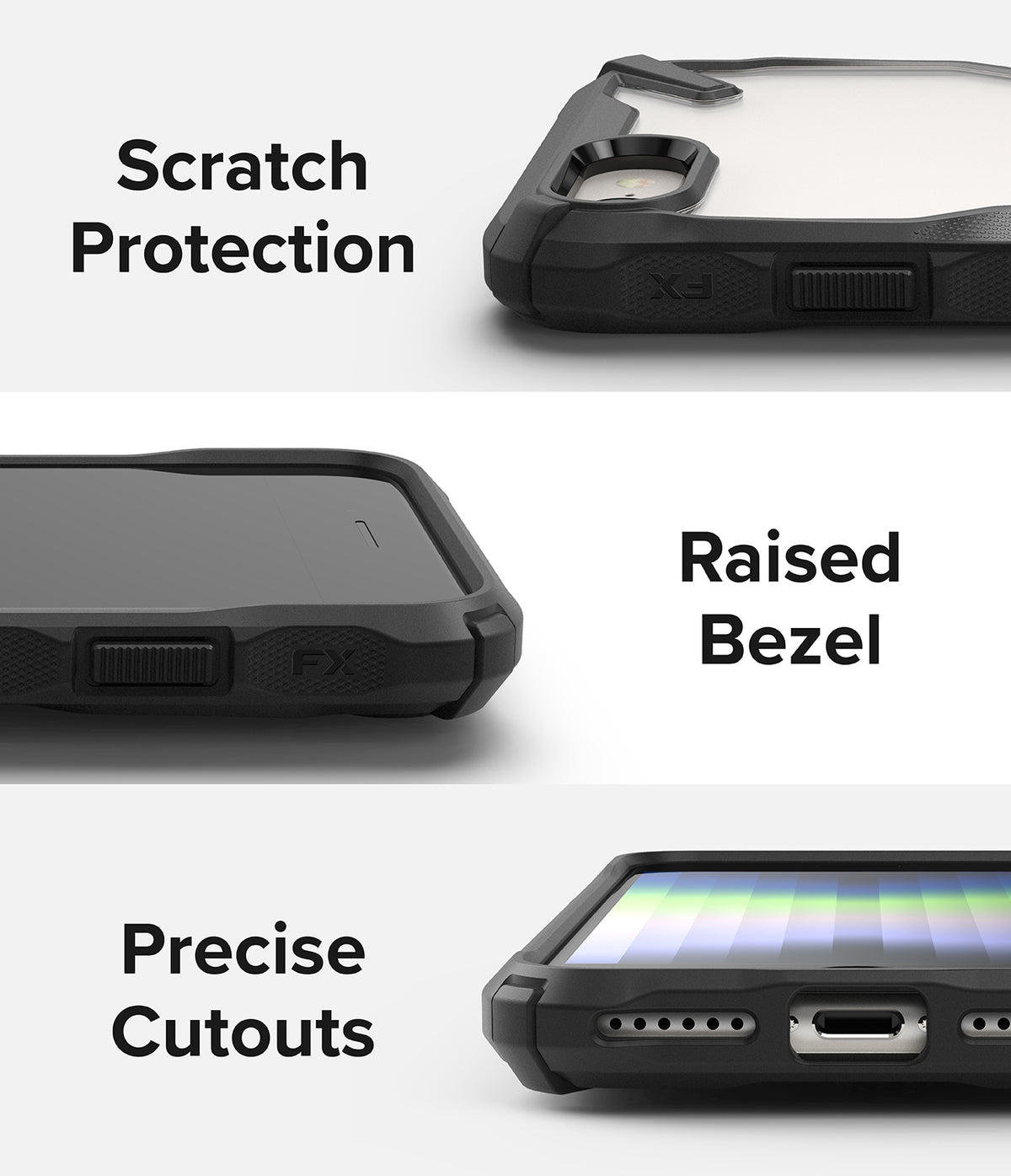 iPhone SE 2022 5G / SE 2020 / 8 / 7 Case | Fusion-X Stand - Three panels showing scratch protection, raised bezel, and precise cutouts.