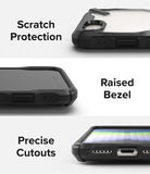 iPhone SE 2022 5G / SE 2020 / 8 / 7 Case | Fusion-X Stand - Three panels showing scratch protection, raised bezel, and precise cutouts.