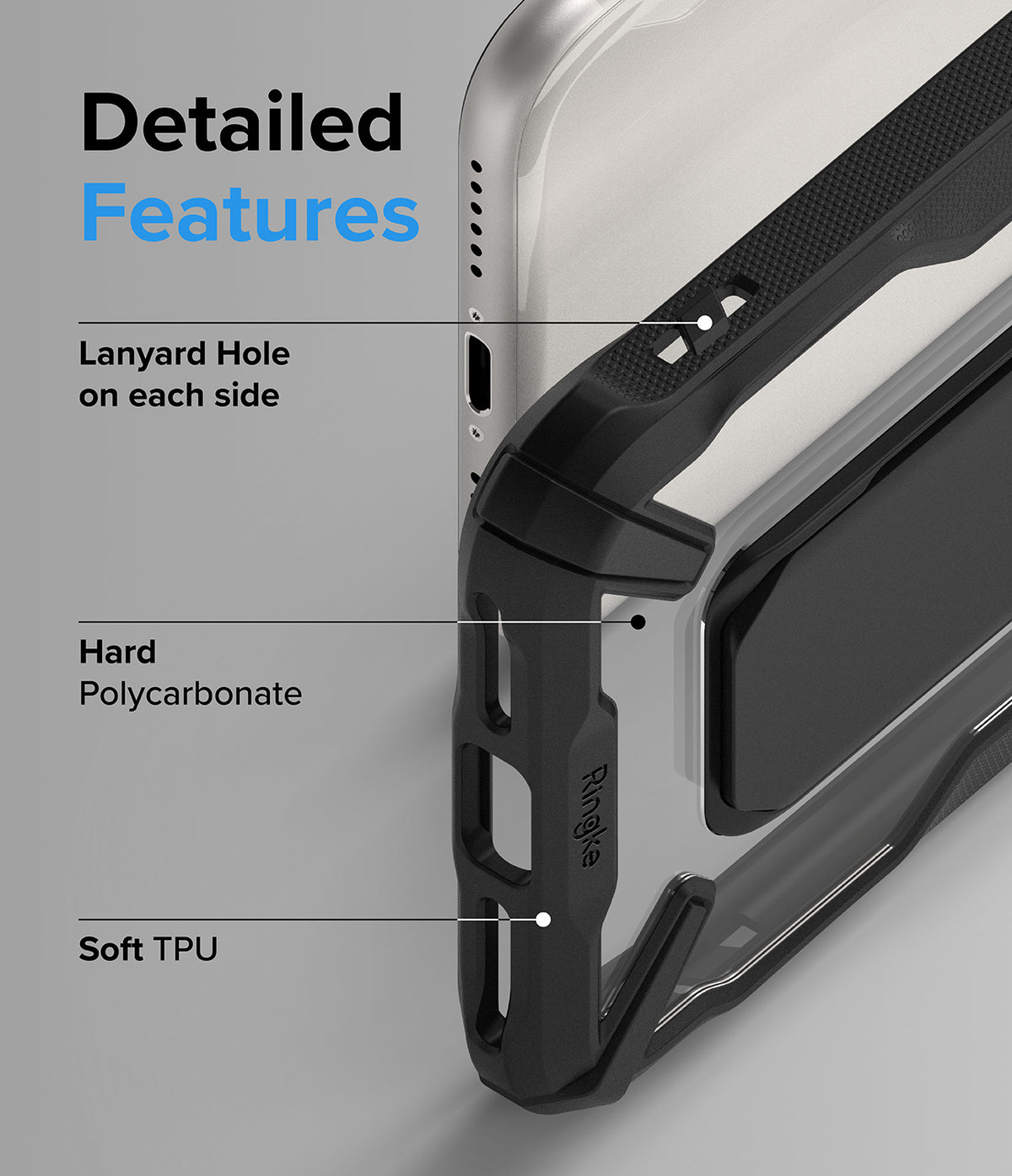 iPhone SE 2022 5G / SE 2020 / 8 / 7 Case | Fusion-X Stand - Close-up of phone case highlighting lanyard holes, polycarbonate, and TPU.