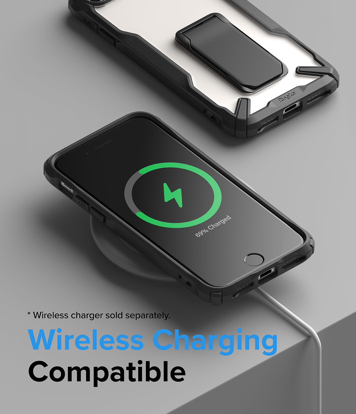 iPhone SE 2022 5G / SE 2020 / 8 / 7 Case | Fusion-X Stand - Phone in a rugged case wirelessly charging on a pad.