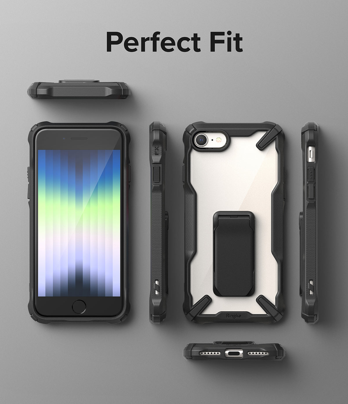 iPhone SE 2022 5G / SE 2020 / 8 / 7 Case | Fusion-X Stand - Multiple views of a rugged clear phone case with a kickstand.