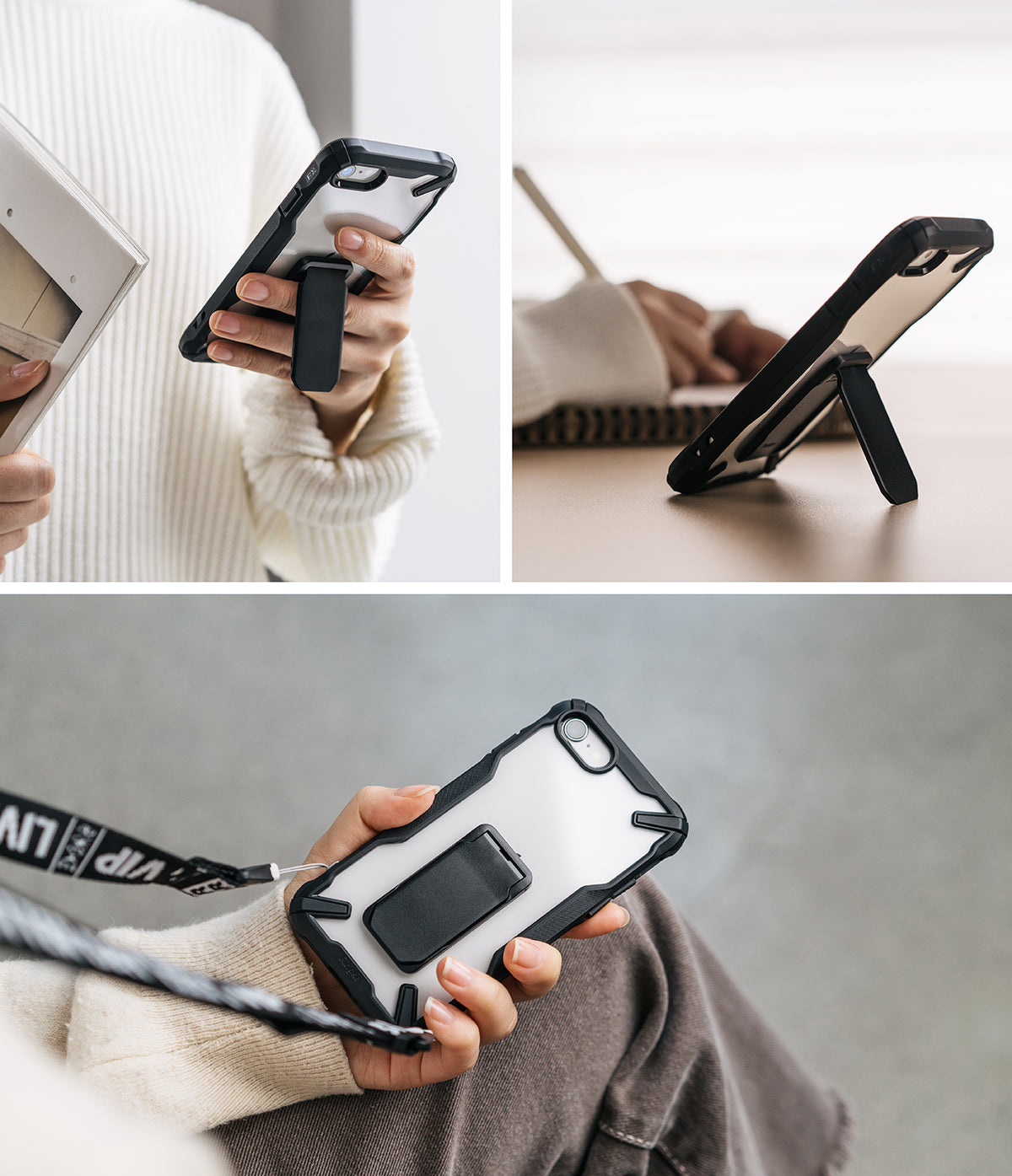 iPhone SE 2022 5G / SE 2020 / 8 / 7 Case | Fusion-X Stand - Protective phone case with integrated kickstand in three views.