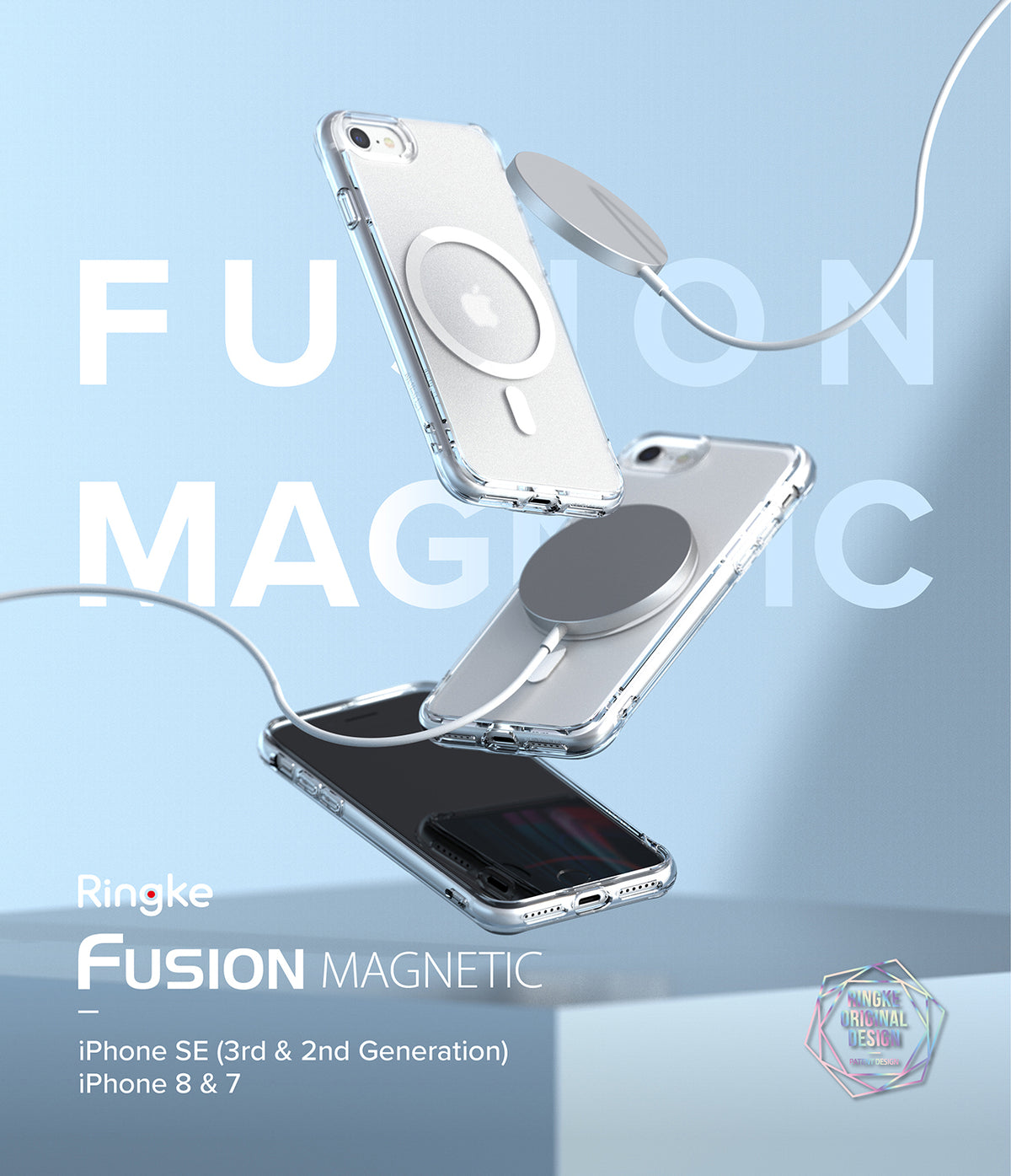 iPhone SE 2022 5G / SE 2020 / 8 Case | Fusion Magnetic - Clear phone cases floating with magnetic chargers on blue.
