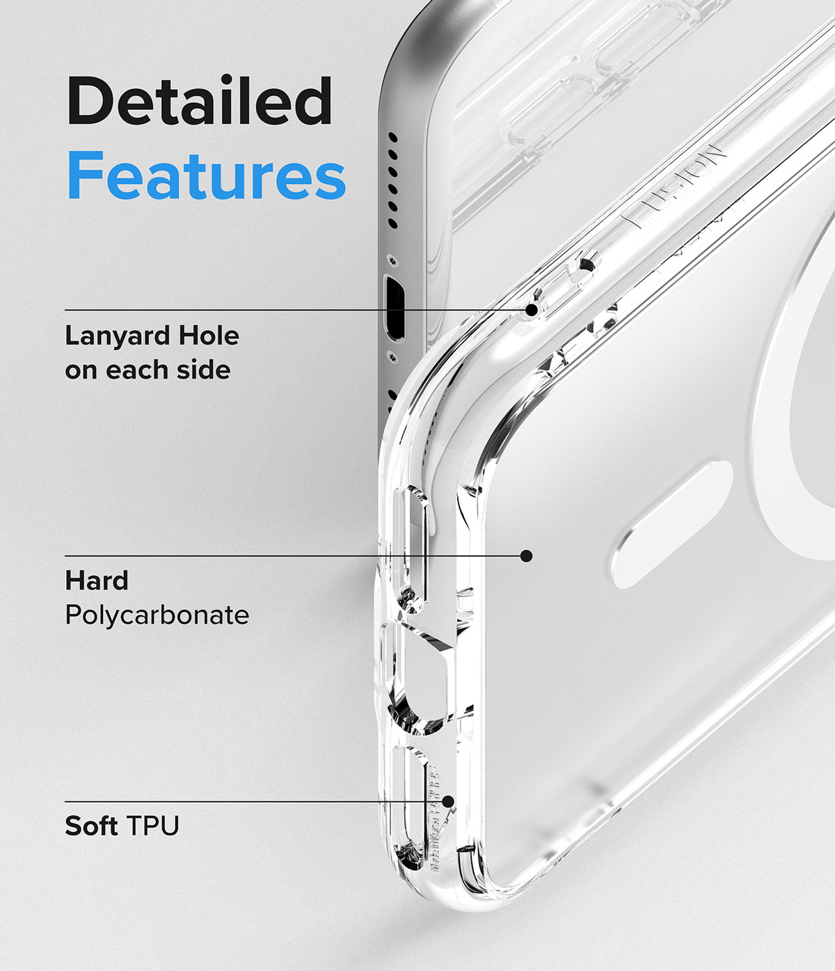 iPhone SE 2022 5G / SE 2020 / 8 Case | Fusion Magnetic - Diagram showing lanyard holes, hard polycarbonate, and soft TPU.