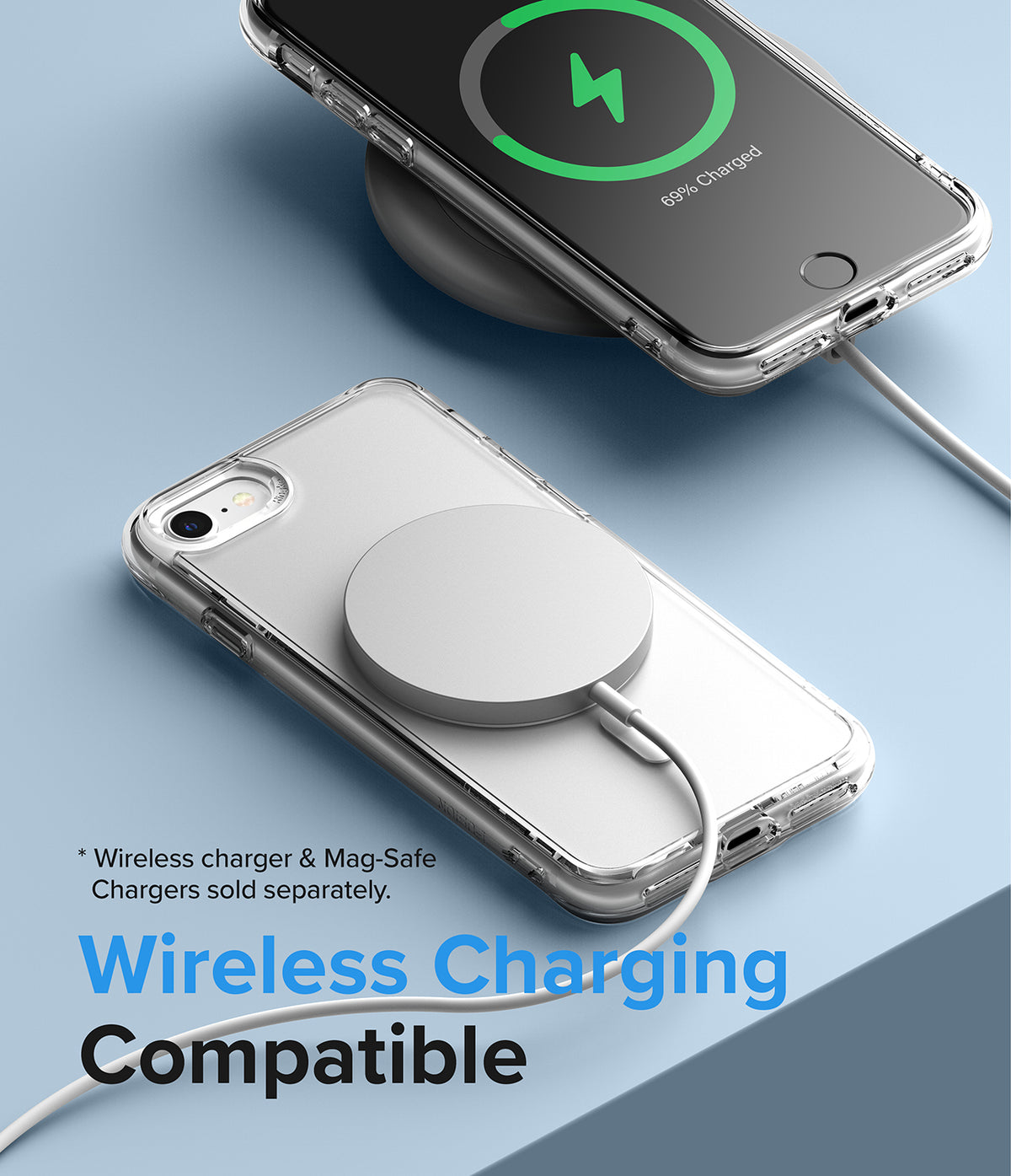 iPhone SE 2022 5G / SE 2020 / 8 Case | Fusion Magnetic - Clear phone case on an iPhone charging wirelessly on a blue surface.