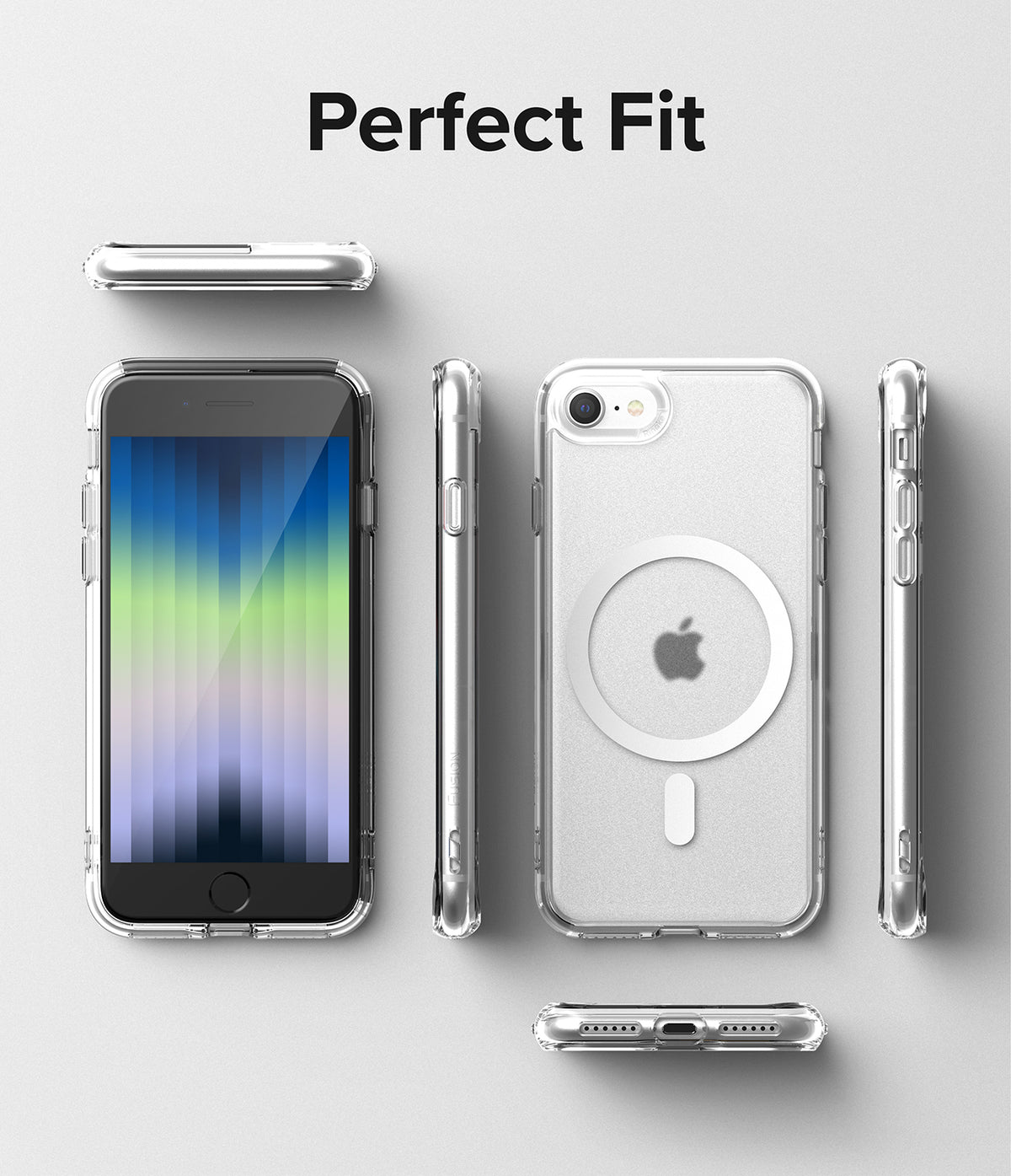 iPhone SE 2022 5G / SE 2020 / 8 Case | Fusion Magnetic - Clear magnetic phone case shown from multiple angles on a gray background.