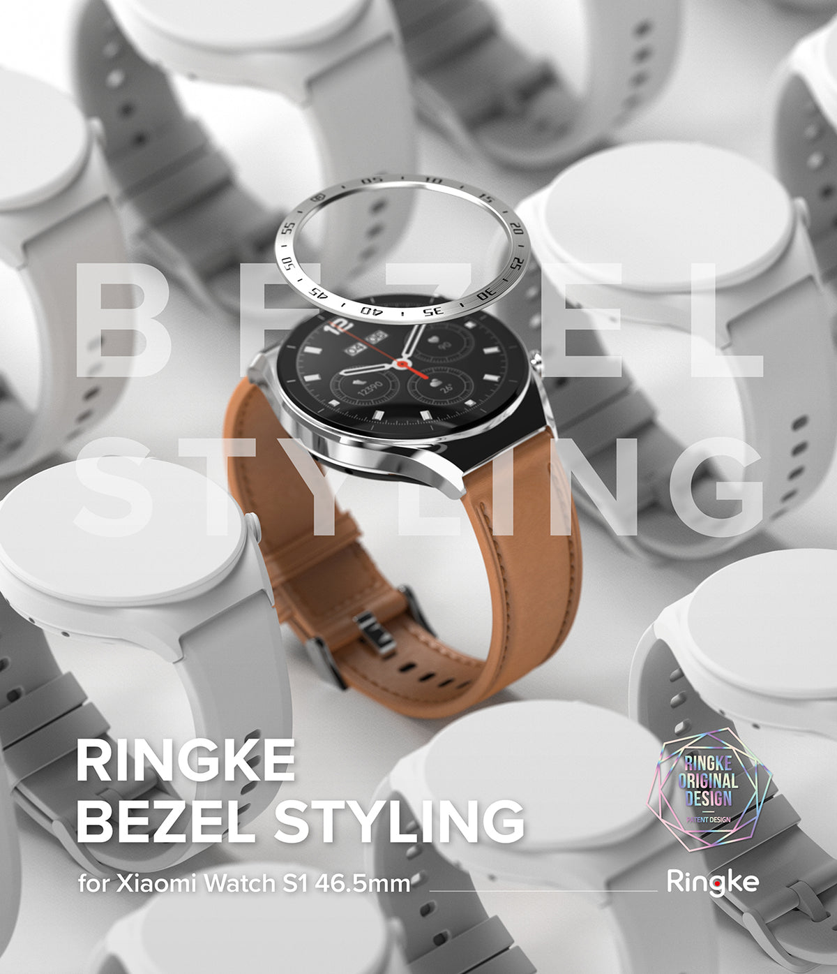 Xiaomi Watch S1 (46mm) 46-01 (ST) Silver - A silver Ringke bezel styling ring hovering above a Xiaomi Watch S1.